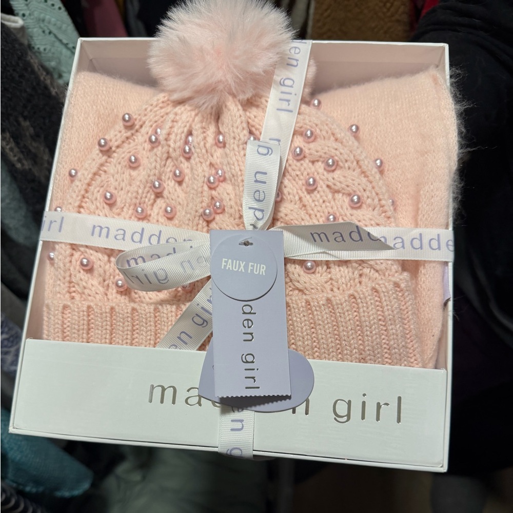 Madden Girl Blush Knit Beanie with Faux Fur Pom